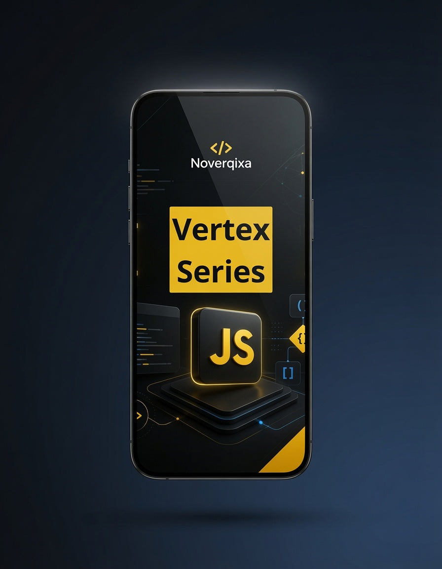 A smartphone centered on a dark blue gradient background, displaying a digital course or app interface titled 'Vertex Series' with a large yellow 'JS' block and the Noverqixa logo at the top.
