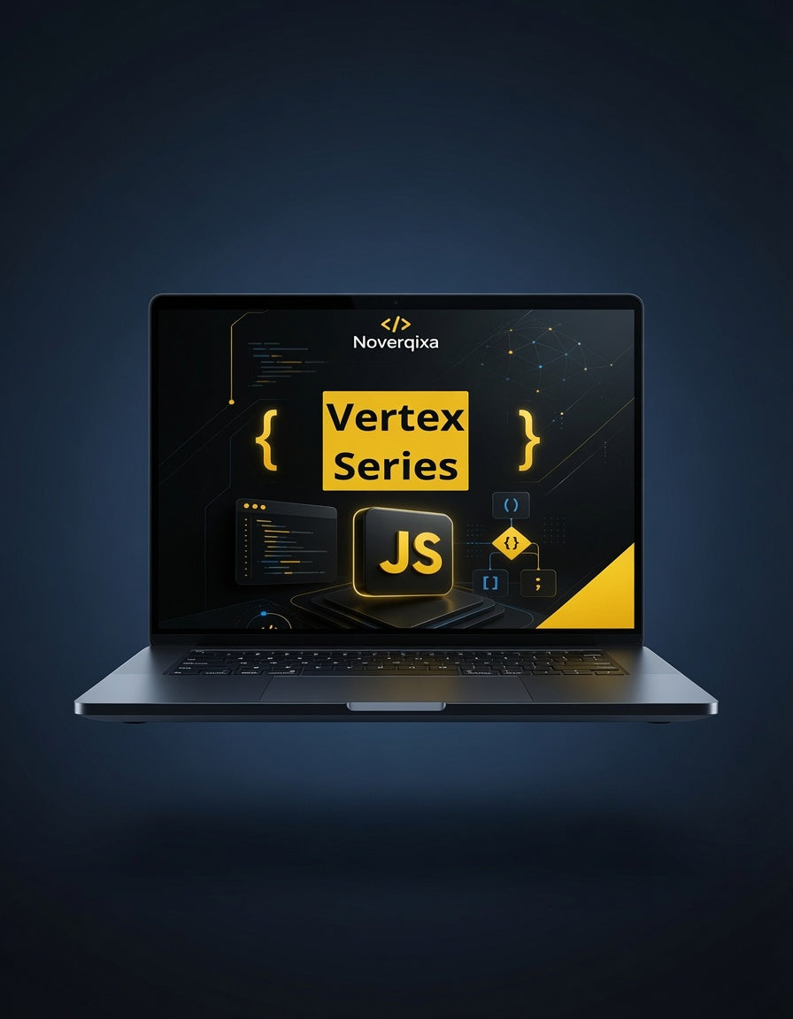 A dark gray laptop floating against a deep blue gradient background, displaying a presentation slide for 'Noverqia Vertex Series JS' with yellow and black graphics.