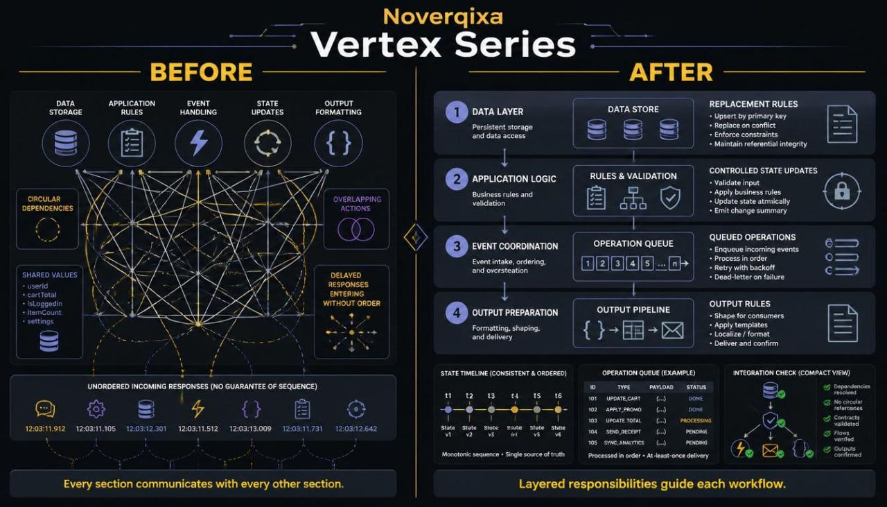 A dark technical infographic titled 'Noveriqxa Vertex Series' comparing 'Before' and 'After' workflow states with diagrams, icons, and text blocks on a black background.