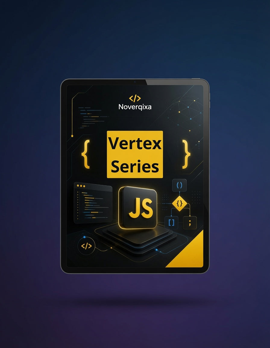 A digital promotional graphic showing a tablet or smartphone-like device centered on a dark blue gradient background. The screen displays the text 'Noverqixa' and 'Vertex Series' with JavaScript-themed graphics, including a large 'JS' icon and code symbols.